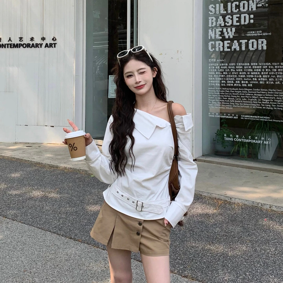 3MER 设计感小众露肩褶皱腰带短款衬衫女2025新款修身上衣