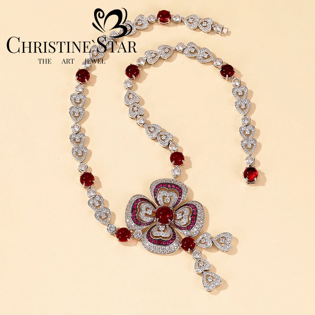 铜合金合成锆石项链 W03 法国秀场四叶草红绿项链