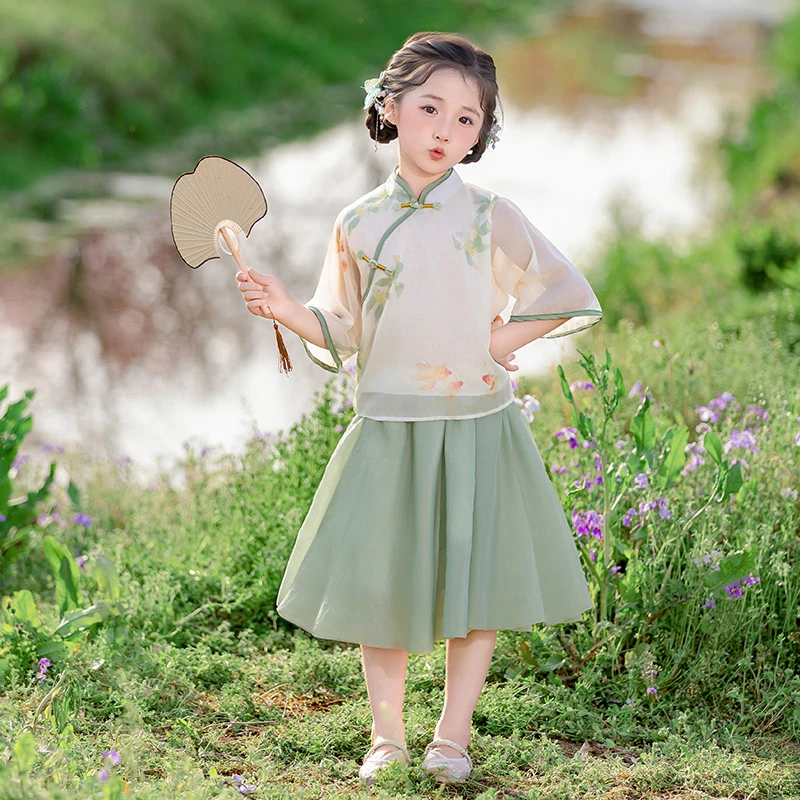 汉服女童套装夏季新款中国风短袖裙子古装女孩新中式中秋六一表演