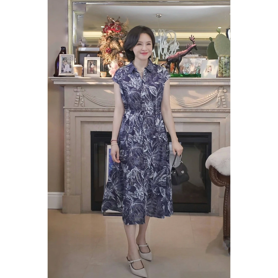 我是摩羯 MM印花裙 6A级桑蚕丝16MM腰部系带夏连衣裙