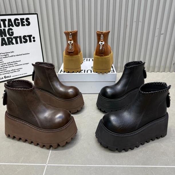 富168-60新款厚底松糕复古做旧擦色圆头时尚马丁靴短靴底厚8公分