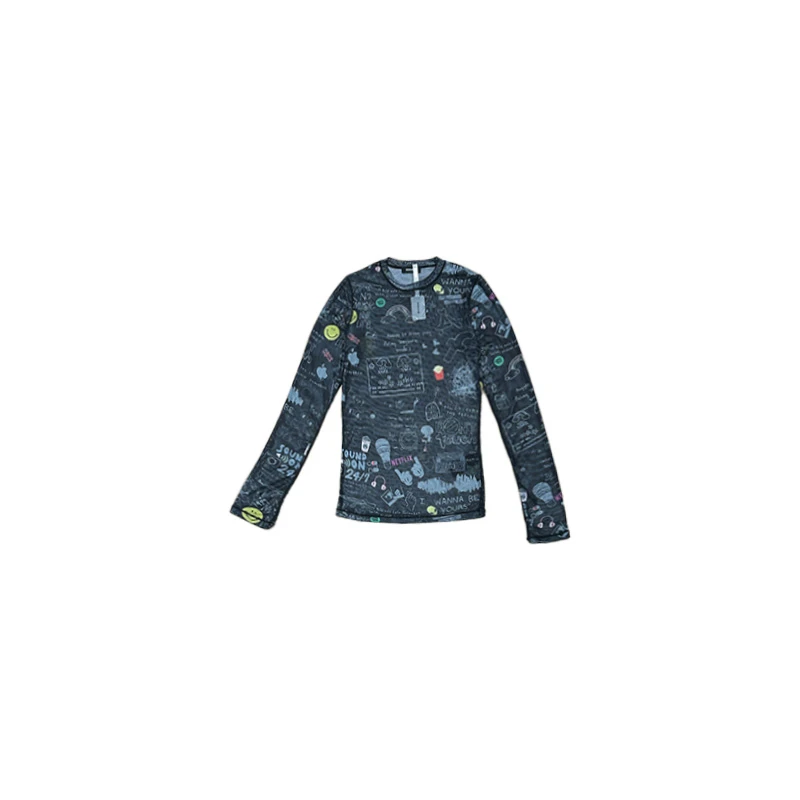 南油小众设计师新品薯条图案网纱长袖T恤