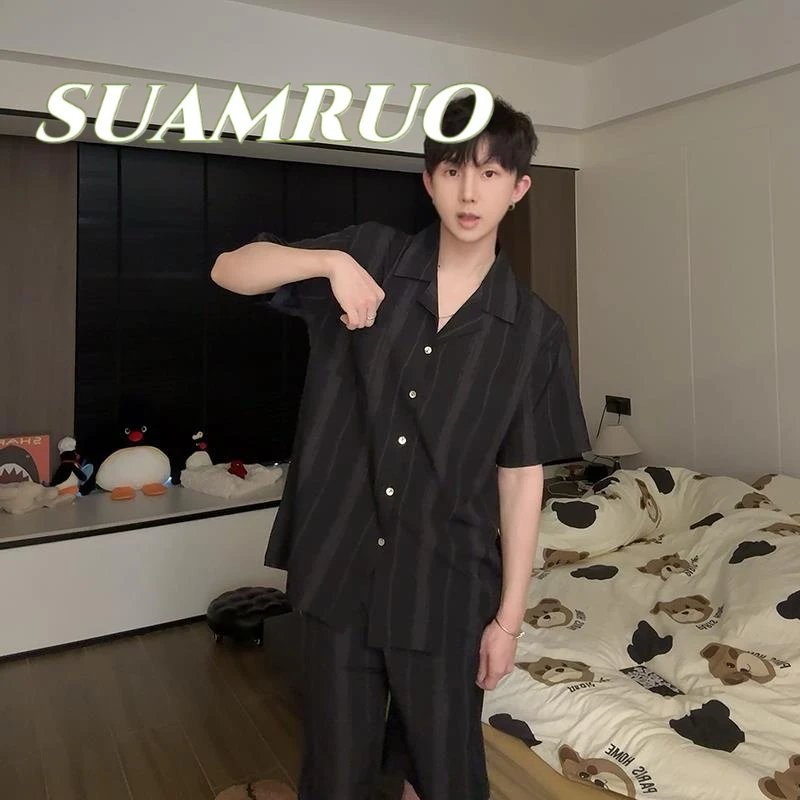 『暗影条纹』男士睡衣夏款冰丝短袖凉感可外穿男款夏季薄款家居服