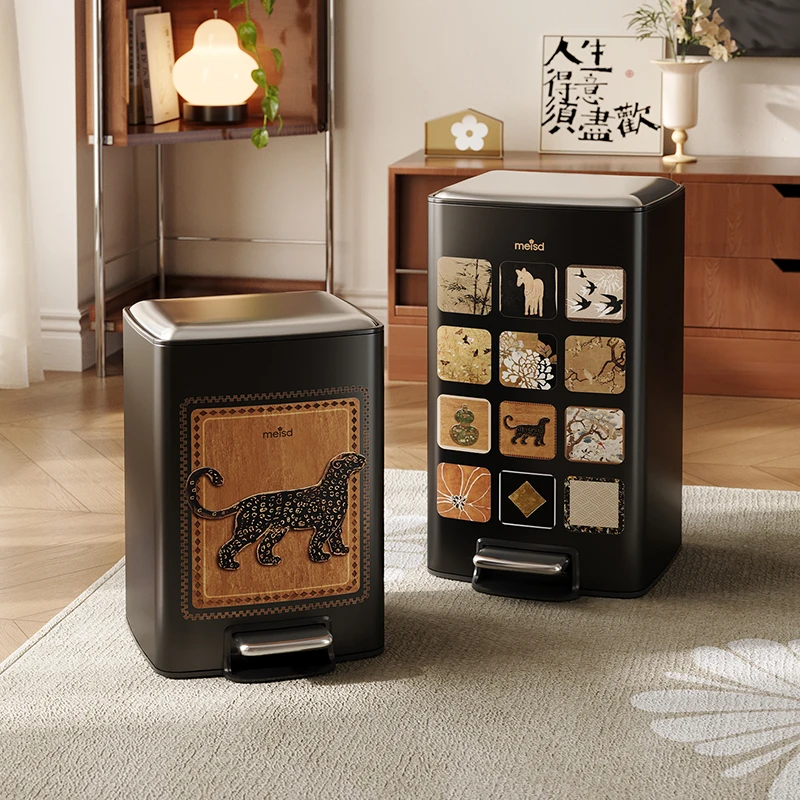 美世达中古风垃圾桶客厅家用大号不锈钢轻奢垃圾桶高颜值带盖脚踏