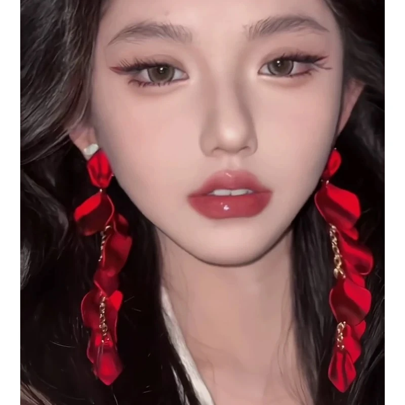 铜合金耳饰 【565】新年红色玫瑰花瓣流苏耳钉女秋冬夸张长款耳环