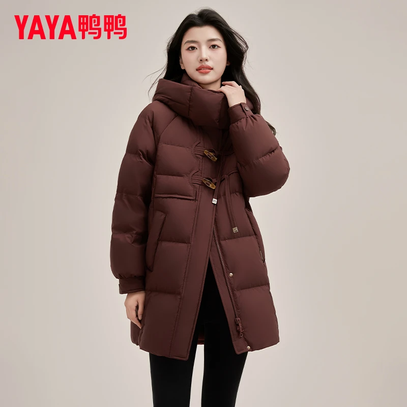 YAYA/鸭鸭长款过膝保暖加厚羽绒服女2025年冬季新品韩版连帽外套