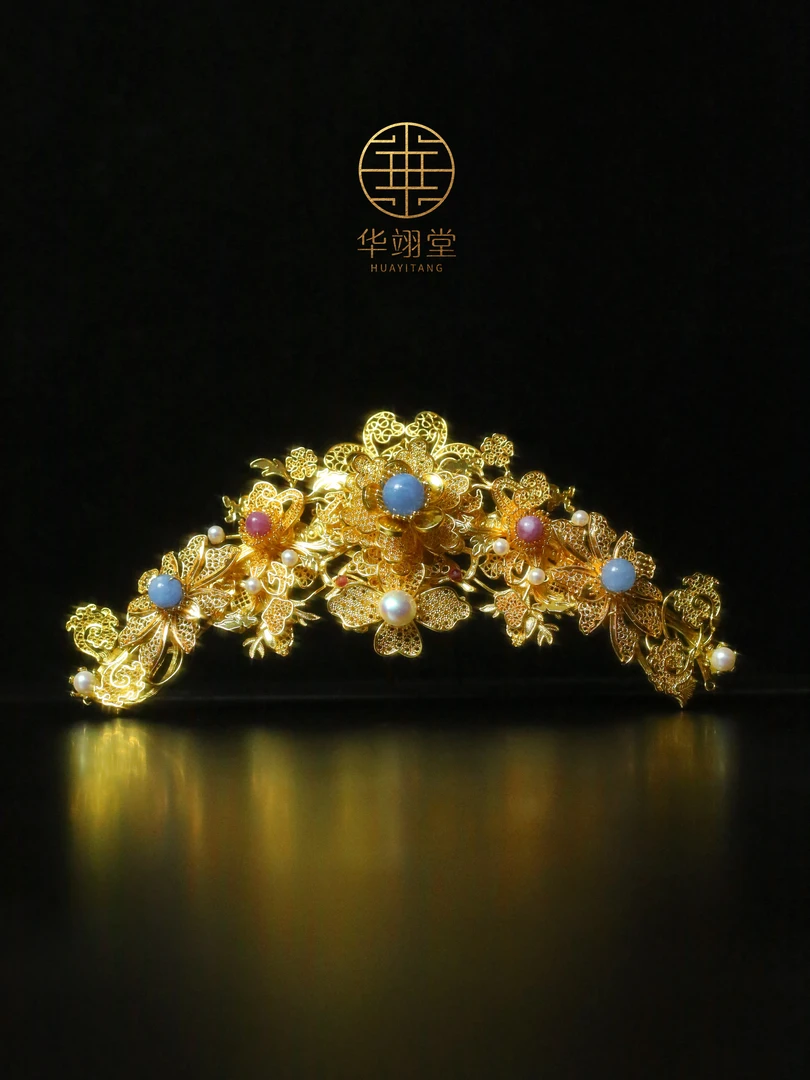 铜合金婚庆饰品 华翊堂原创铜镀金仿花丝錾刻宝石镶嵌花团锦簇冠