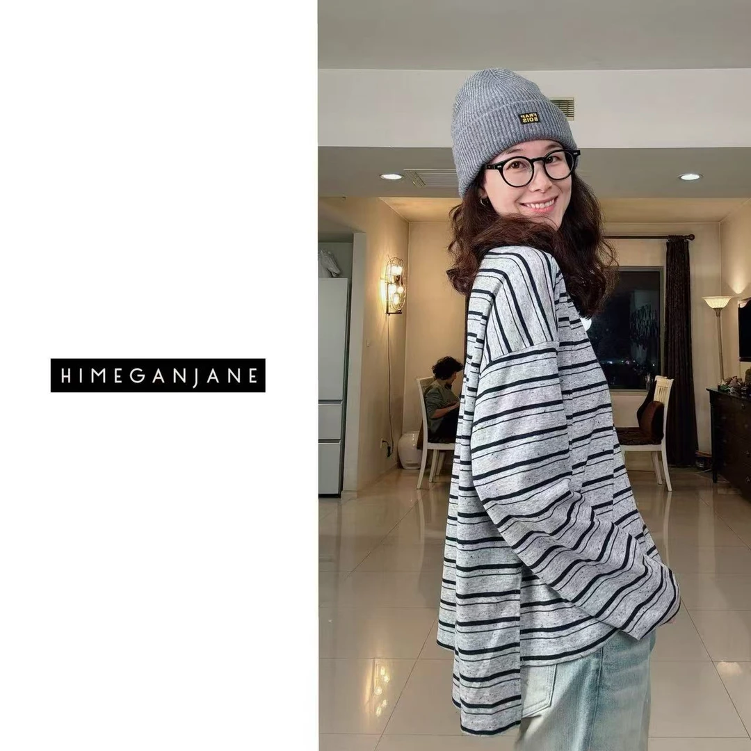 HIMEGANJANE “条纹派”复古彩纱廓形撞色条纹下开衩长袖12430