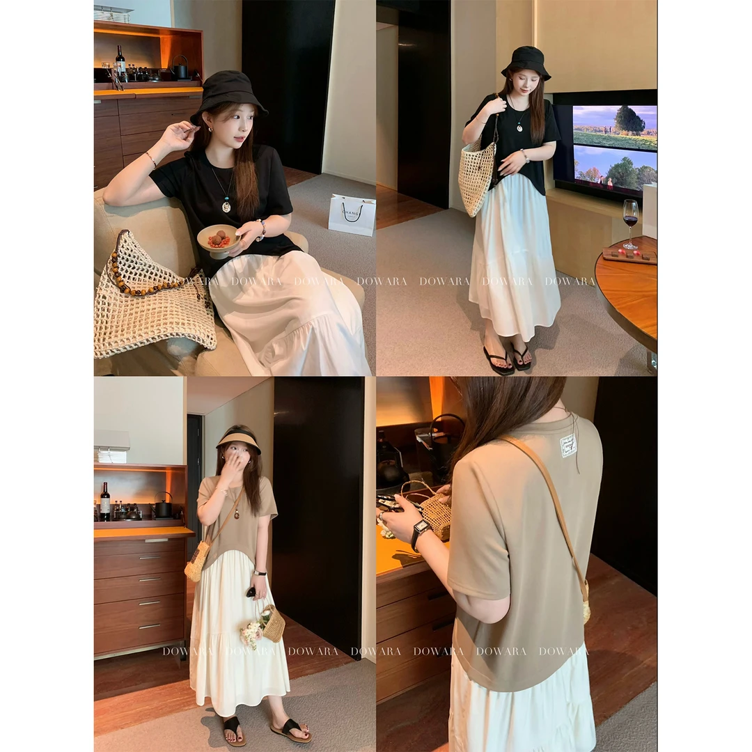 现货大婉酱微胖定制法式拼接短袖连衣裙夏款宽松假两件长裙 9255D