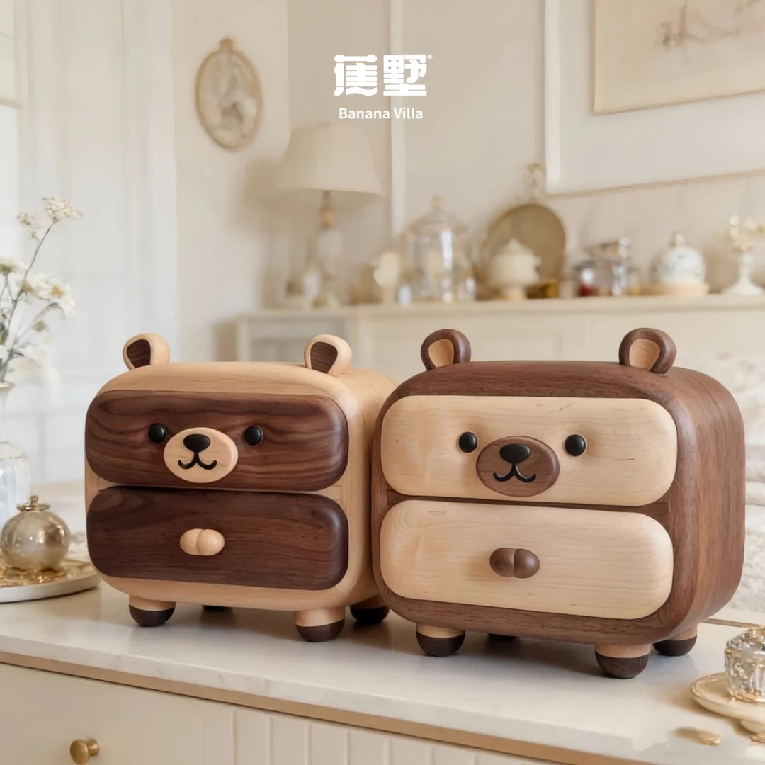 蕉墅家居可爱实木小熊桌面双层收纳柜抽屉式家用办公室送人礼物