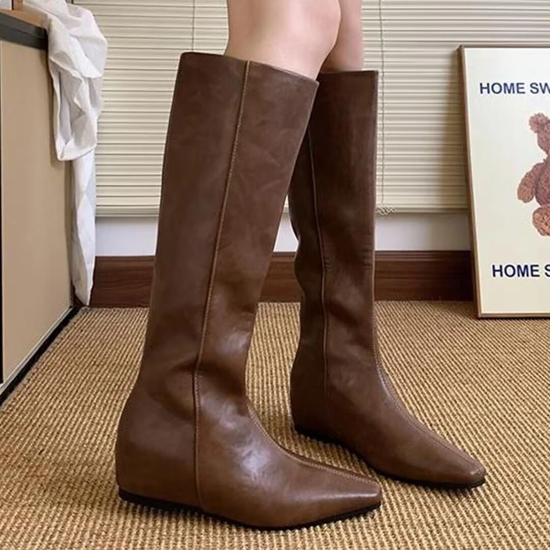软皮版~小个子内增高长靴女2025秋冬显瘦方头骑士靴百搭直筒靴