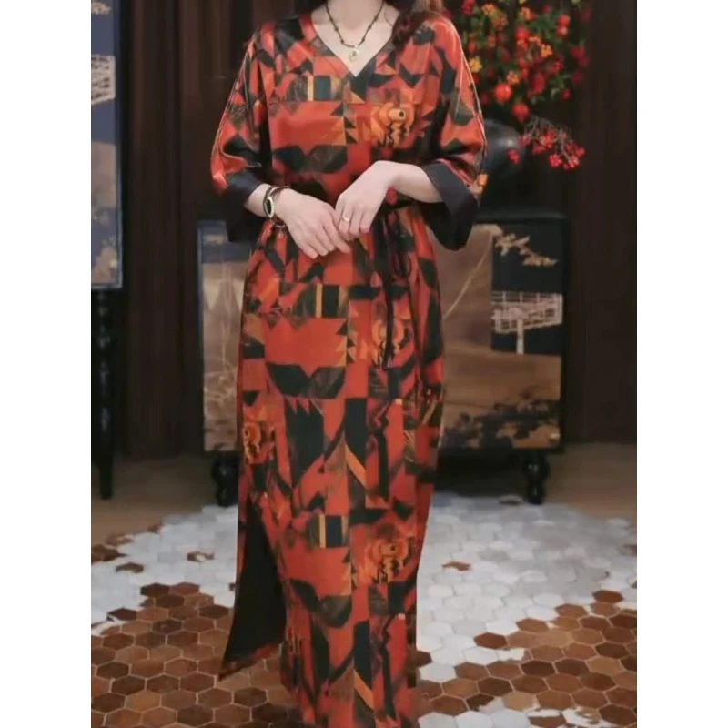 [海若]香云纱新中式复古显瘦春夏宽松女士国风腔调长款休闲连衣裙