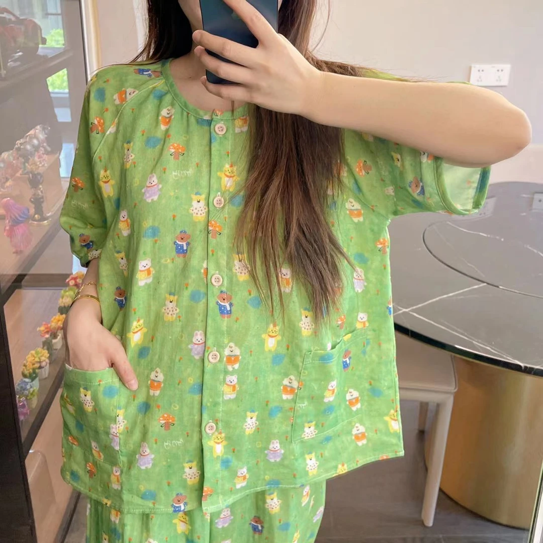 禾昊嘉仪【圆领三件套】纯棉精梳棉双层纱睡衣居家服女舒适