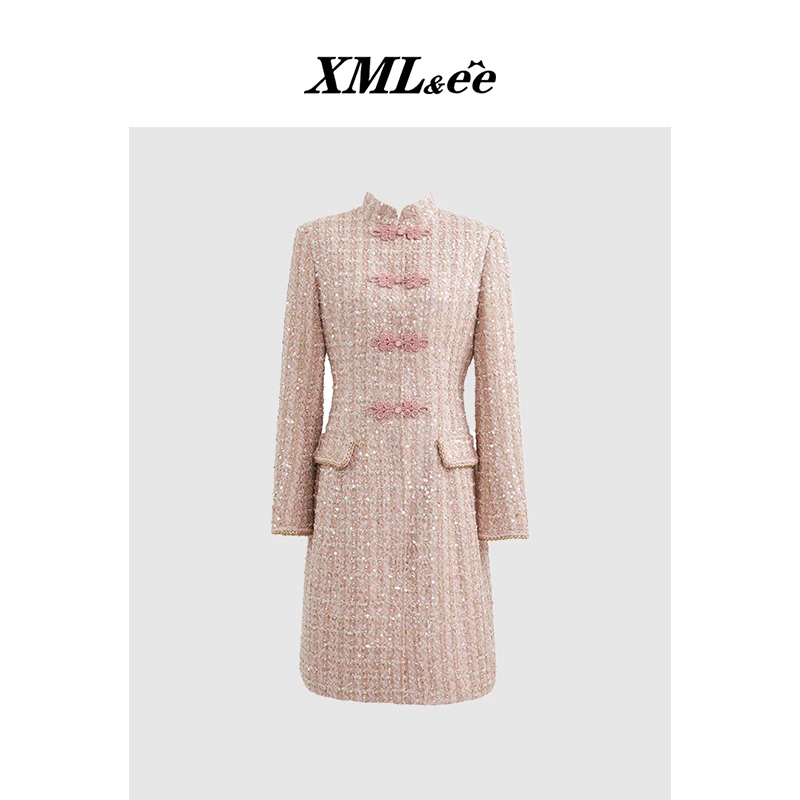 XMLee艾米尔 琥珀流光粉色重工刺绣珠片小香风连衣裙 X431L5211
