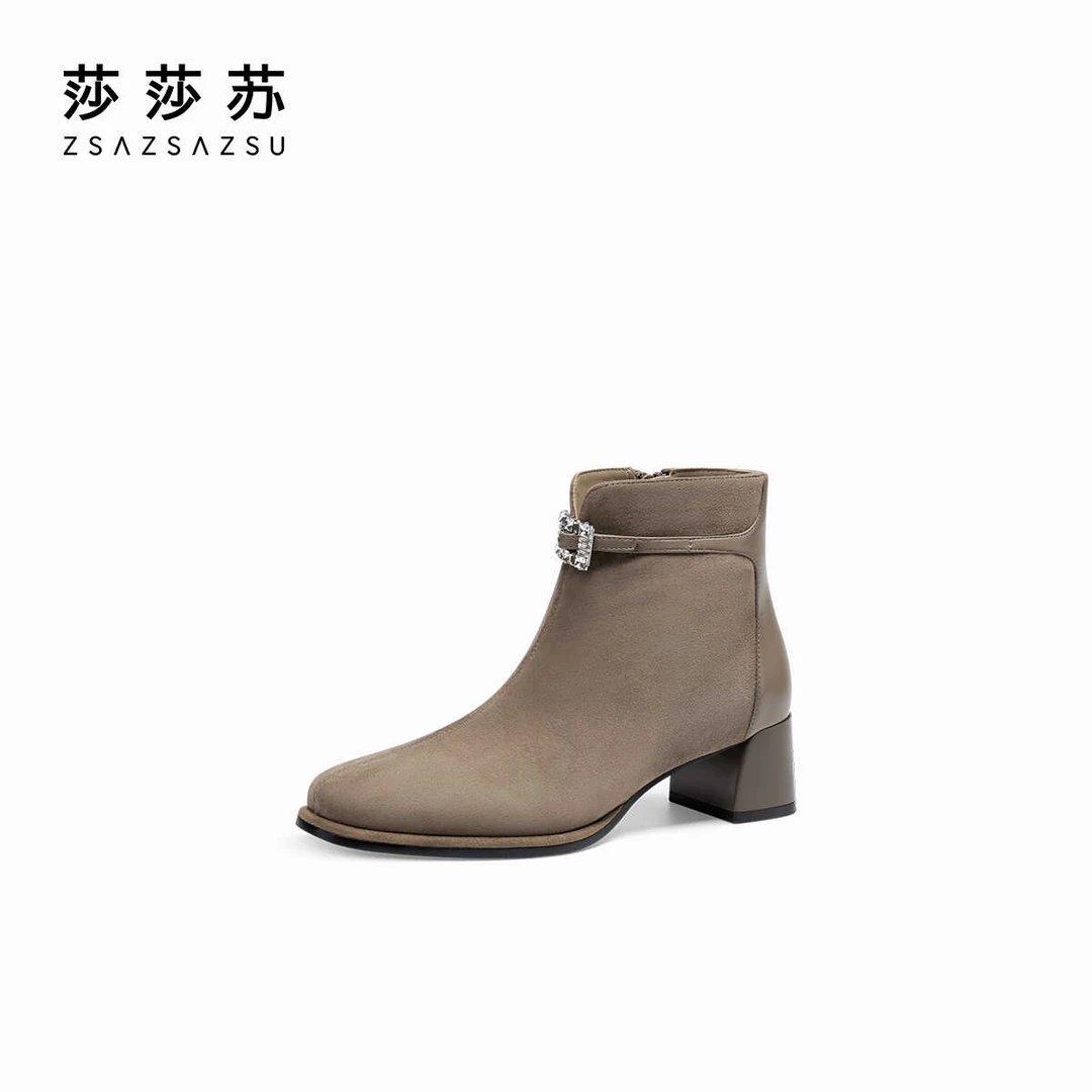 【可可榛果】莎莎苏秋冬新款粗跟真皮时装靴法式踝靴靴子ZA54717-45