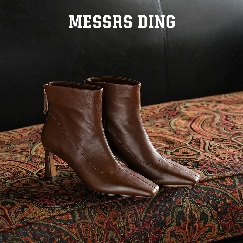 MESSRSDING · 斯人·高智感小方头软胎牛皮高跟瘦瘦靴拉链