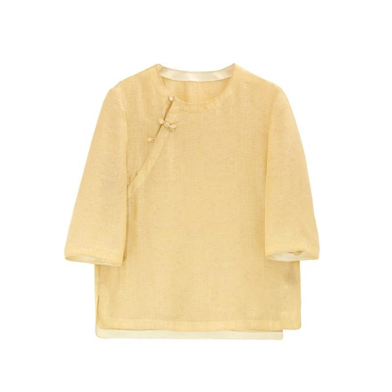 【洛妍】新中式桑蚕丝圆领斜襟插肩小衫国风提花上衣B517022