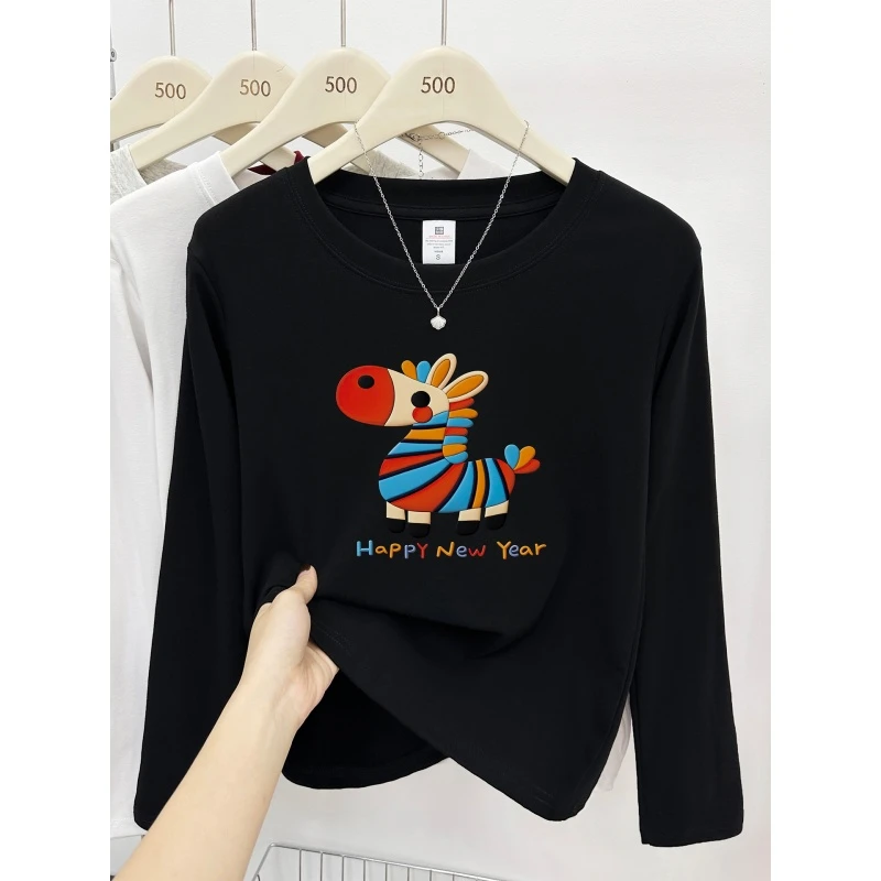黑色正肩长袖t恤女卡通小马印花微胖大码显瘦打底衫外穿上衣新款