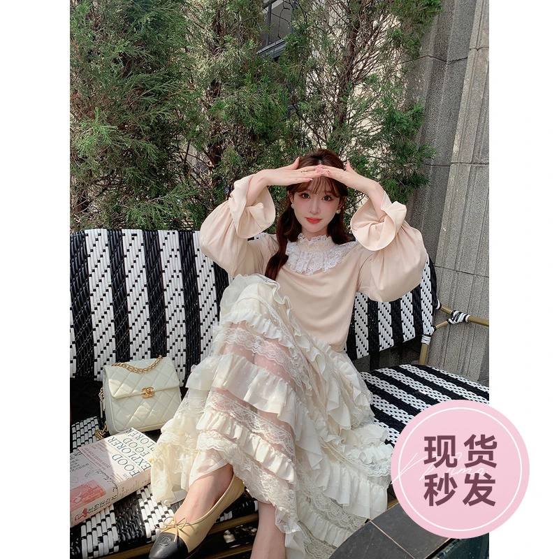 Mimo小茗萌 蕾丝拼接长袖衬衫女秋设计感小众打底内搭上衣