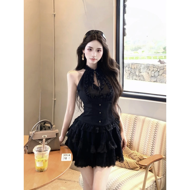 纯欲气质挂脖修身上衣女夏季设计感蕾丝拼接侧腰拉链收腰衬衫新款