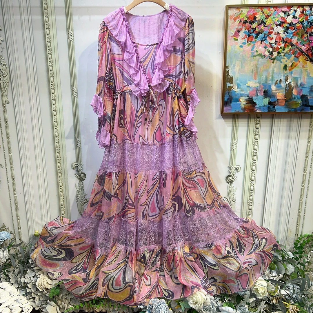 D228新款100%桑蚕丝轻奢印花气质显瘦女士宽松简约时尚连衣裙