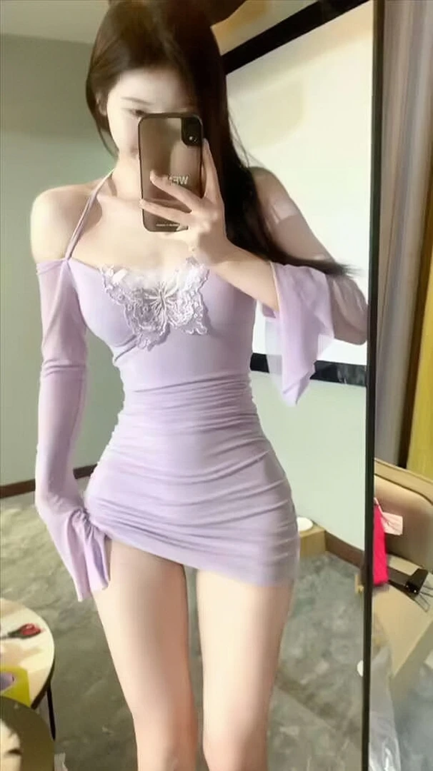 紫色辣妹一字肩蝴蝶挂脖长袖连衣裙气质纯欲性感修身显瘦包臀短裙