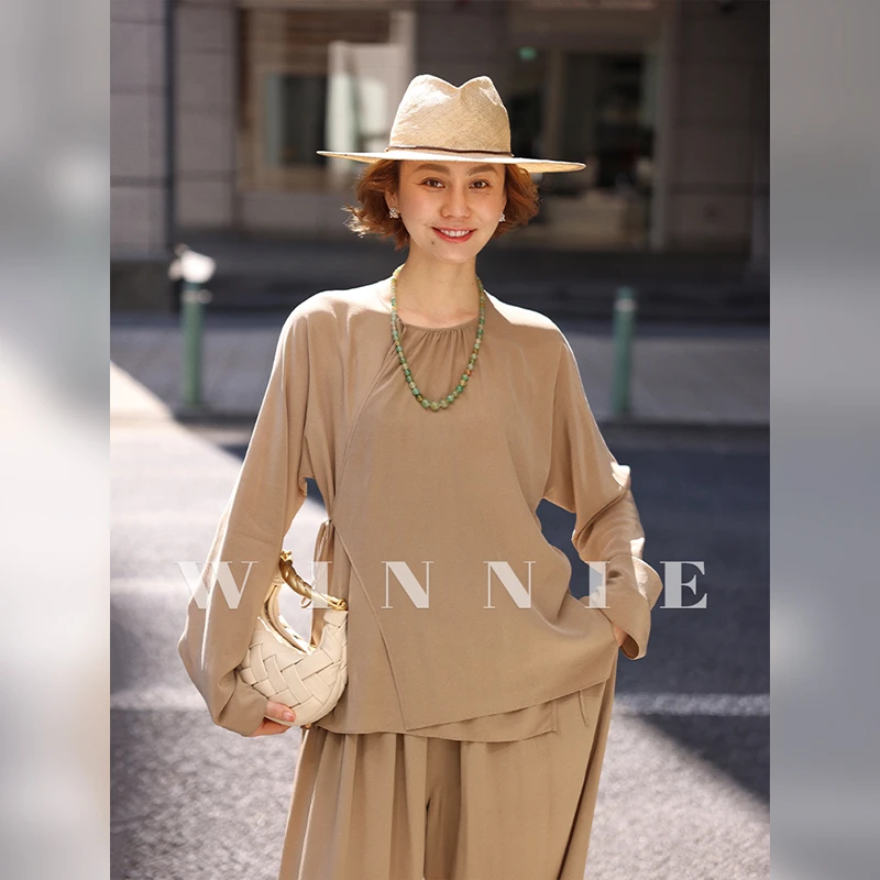 WinnieTang100%真丝双绉定染砂洗中式斜搭片衬衫松紧腰阔腿九分裤