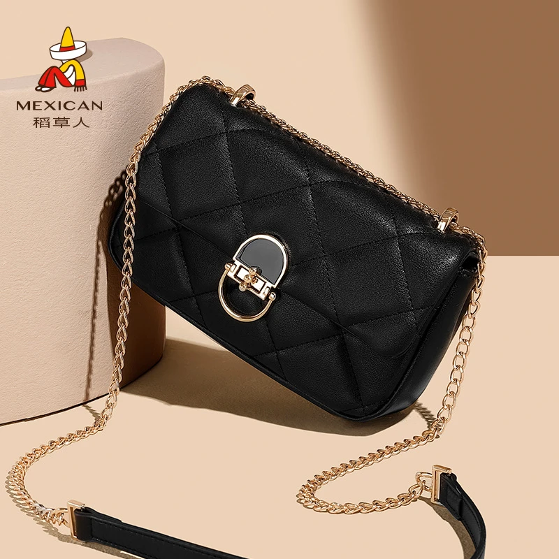 稻草人包包女2025新款百搭牛皮菱格链条单肩包时尚斜挎包通勤女包