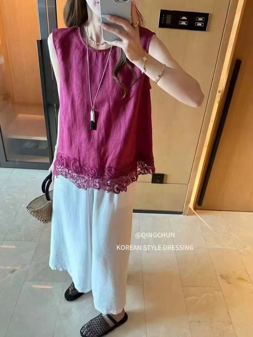 2025夏季新款法式别致蕾丝拼接无袖背心女通勤显瘦百搭坎肩上衣潮