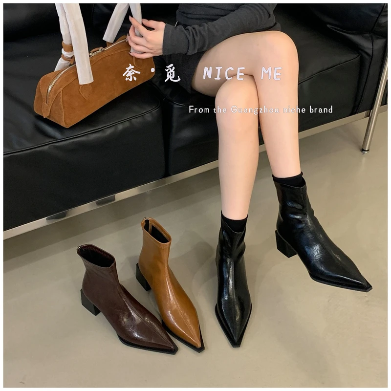 【千金】NICE ME~七夕穿搭5CM高级感法式时髦风尖头粗高跟短靴女ins