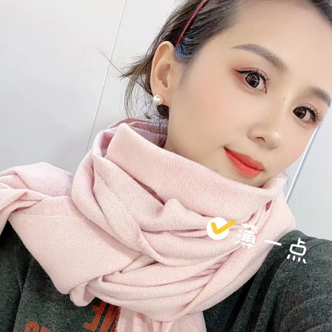 1718羊绒围巾女冬季保暖加厚围脖护颈披肩简约百搭纯色围巾女