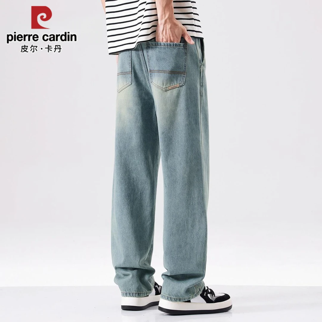 皮尔卡丹牛仔裤男士夏季新款潮牌美式复古宽松阔腿直筒休闲长裤子