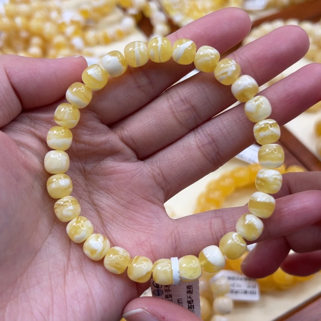 蜜蜡未镶嵌手链7.5*7mm金瓷白妖花