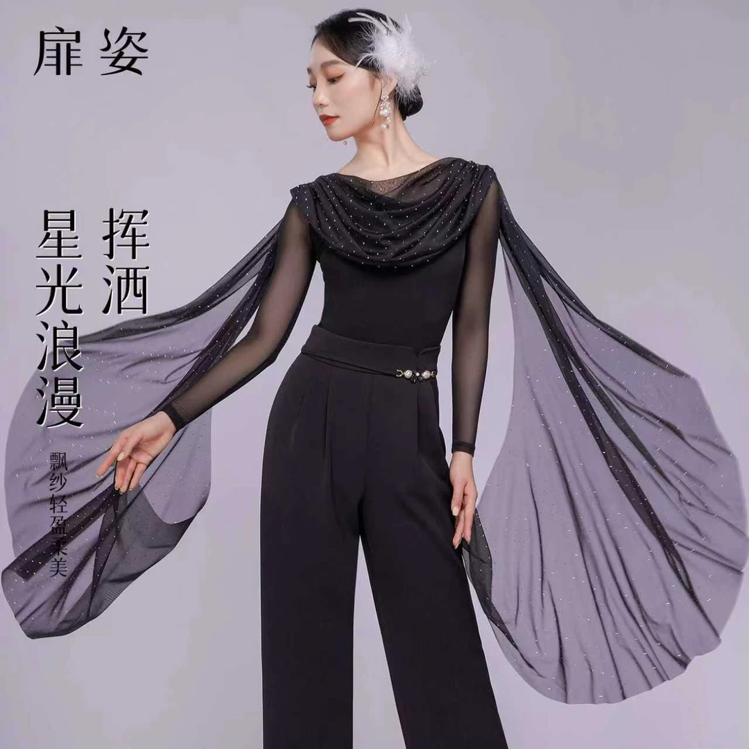 扉姿 摩登舞上衣女新款高级烫钻国标舞练功服飘逸跳舞衣服F1378