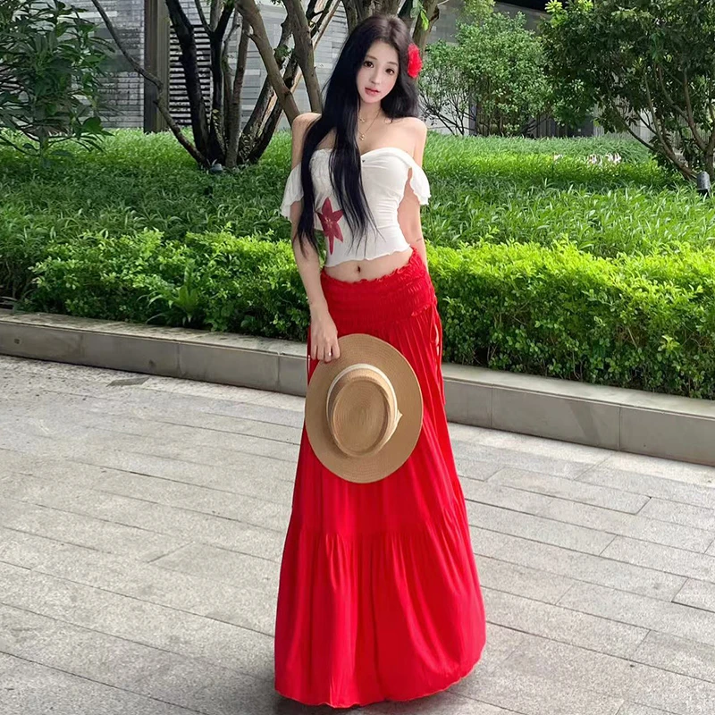 岛屿之夏一字肩短袖t恤上衣木耳边抽褶半身裙套装女夏夏季显瘦