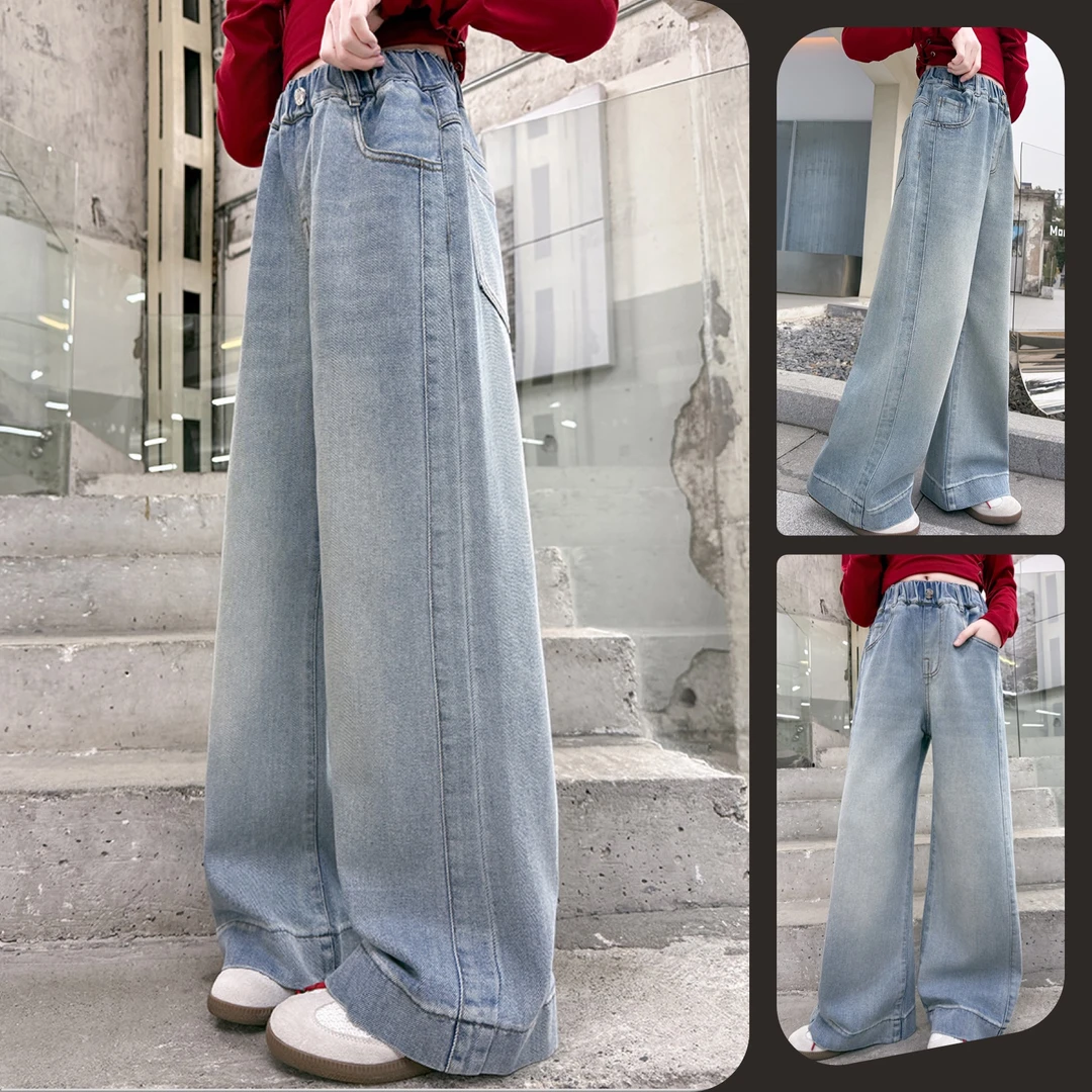 女童宽边直筒阔腿休闲牛仔裤中大童儿童6-12岁洋气显瘦潮款长裤