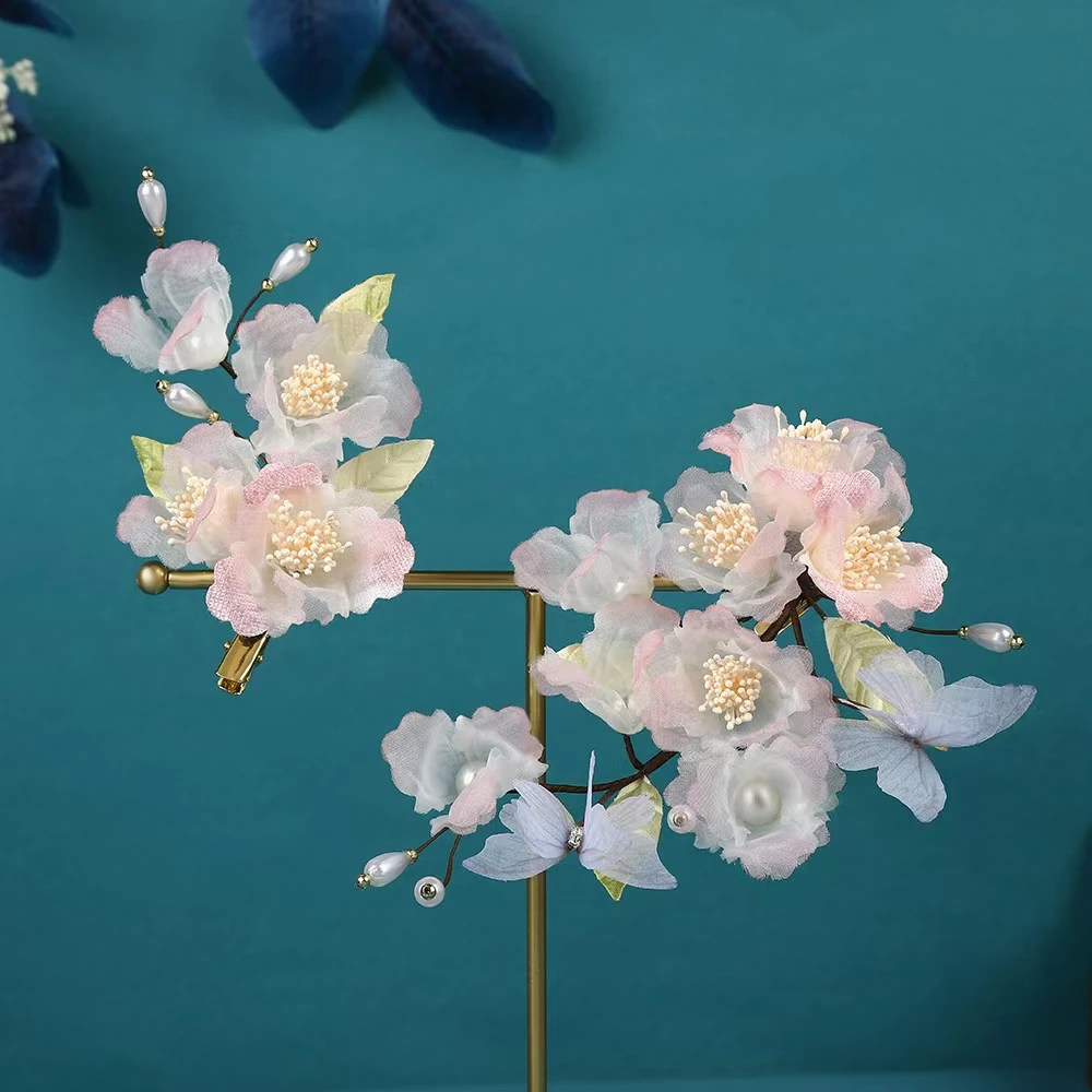 HF1246粉色纱花蓝色蝴蝶软杆发夹汉服头饰