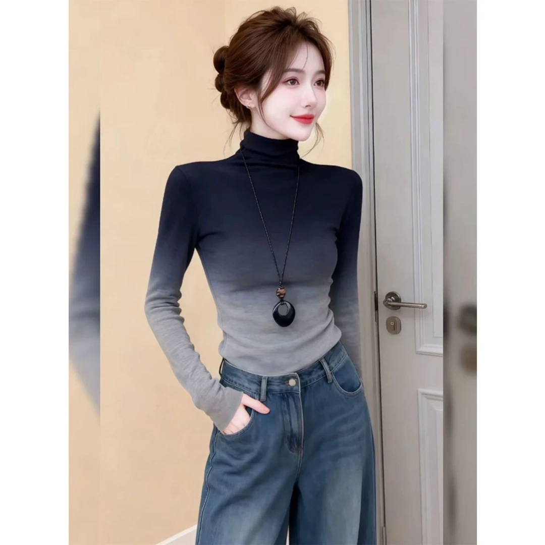 复古渐变色半高领长袖针织衫女秋冬2025新款设计感洋气修身打底衫