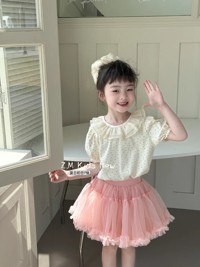 【夏日初恋】2025女宝夏季半袖花边上衣碎花短袖女童T恤Y-81091