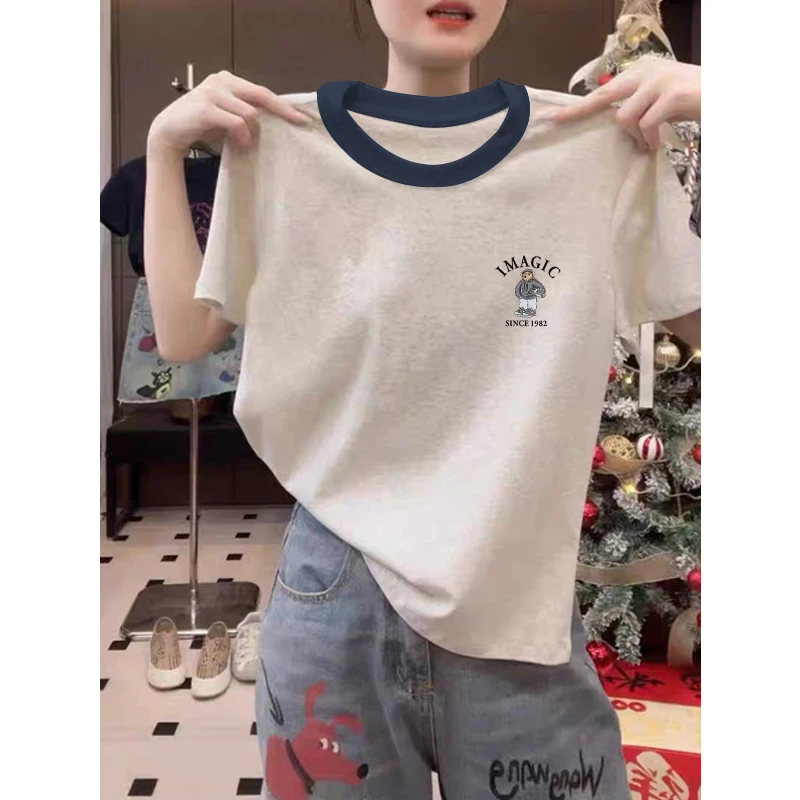 2025新款正肩纯棉短袖t恤女ins休闲百搭插色洋气撞色灰色上衣夏季