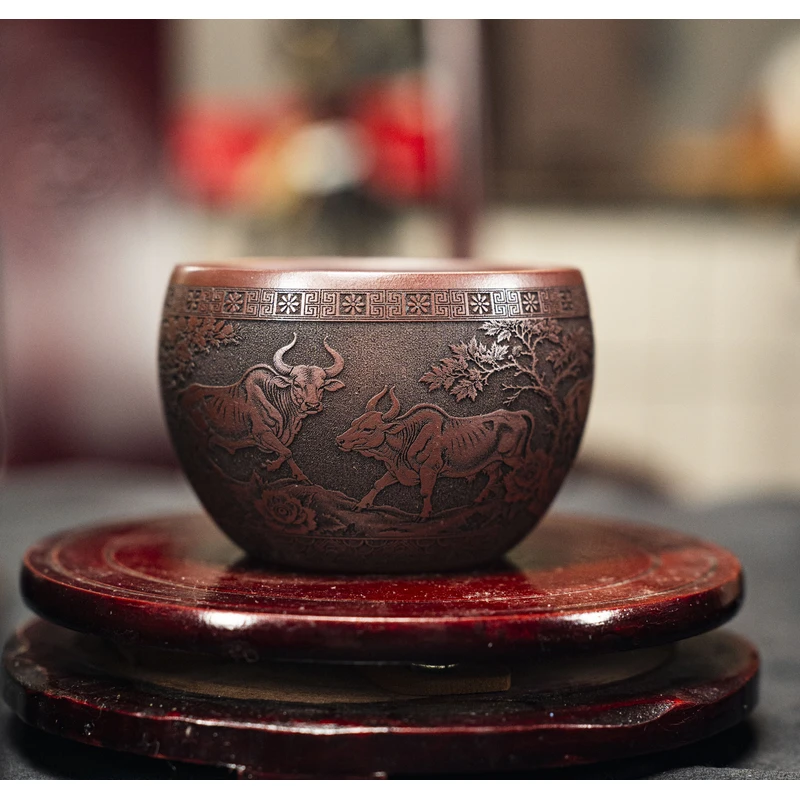 7020宜兴紫砂手工浮雕五牛石红对杯主人杯GQF茶杯
