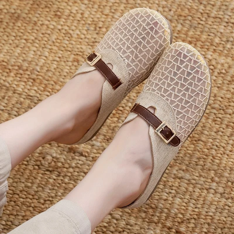 夏季新款一脚蹬懒人鞋女低帮包头半拖鞋渔夫鞋夏季外穿平底单鞋女