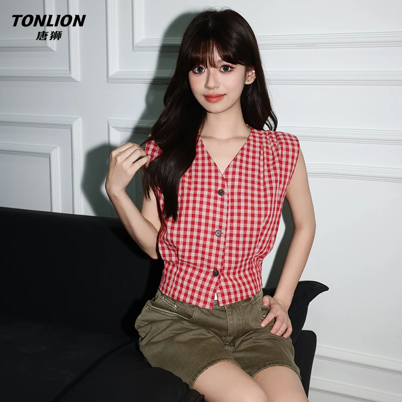 唐狮法式红格V领收腰外穿短款背心女夏季ins独特无袖格子小衫上衣