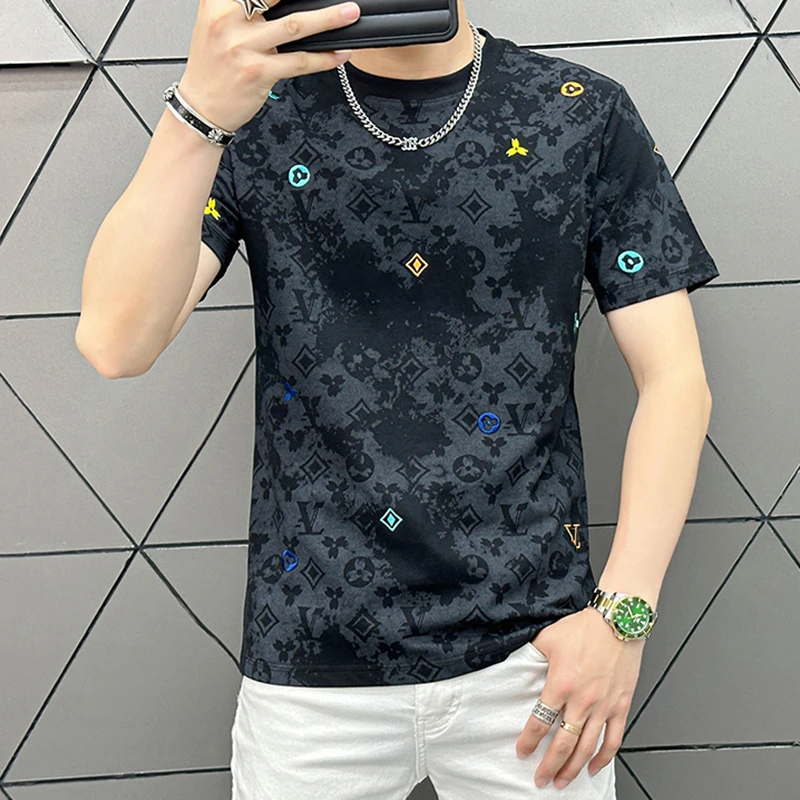 VARSACIVIP/瓦萨琪贵宾夏季圆领短袖刺绣重工艺印花T恤透气修身