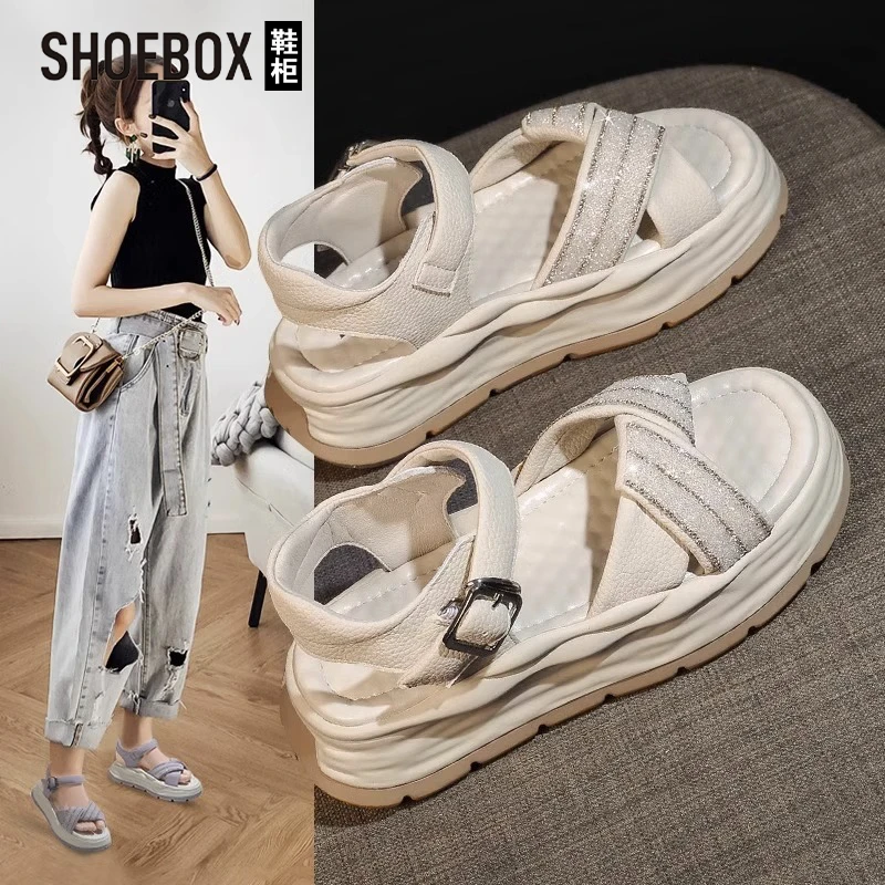 SHOEBOX鞋柜运动凉鞋女夏外穿2025新款超火厚底百搭水钻罗马鞋