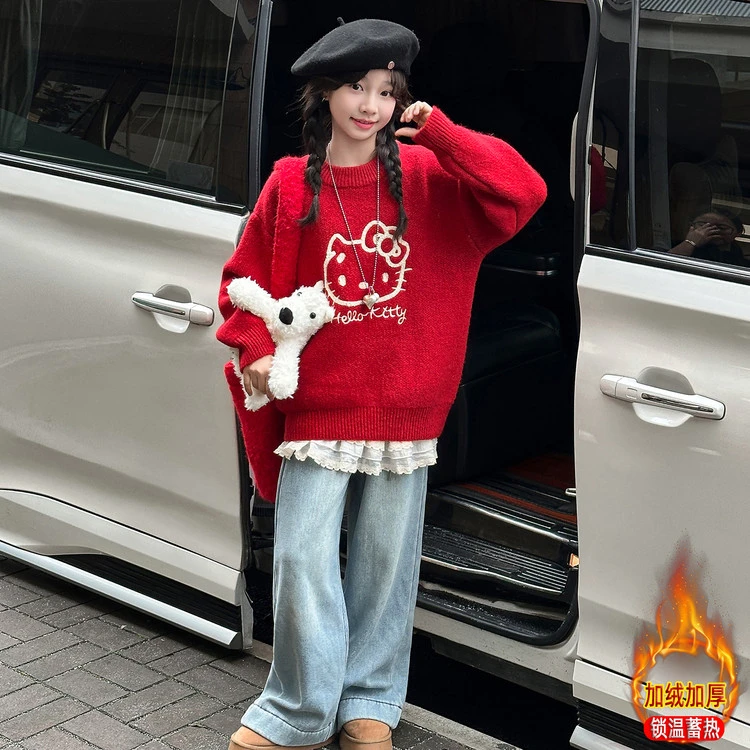 女童2025年卡通HelloKitty毛绒毛衣秋冬加厚保暖洋气韩系时髦上衣