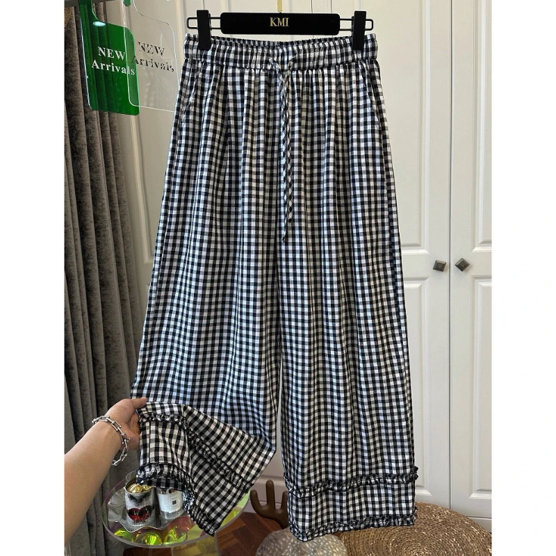 原创四季青韩系高腰木耳边棉麻格子休闲裤2025夏季新款直筒阔腿裤