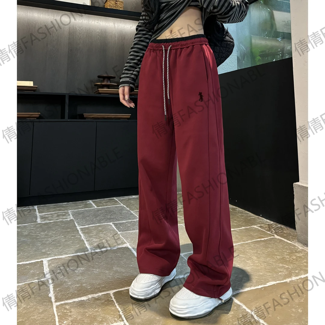 秋季新款刺绣小标拼色高腰显瘦弯刀阔腿裤女宽松百搭拼接休闲长裤