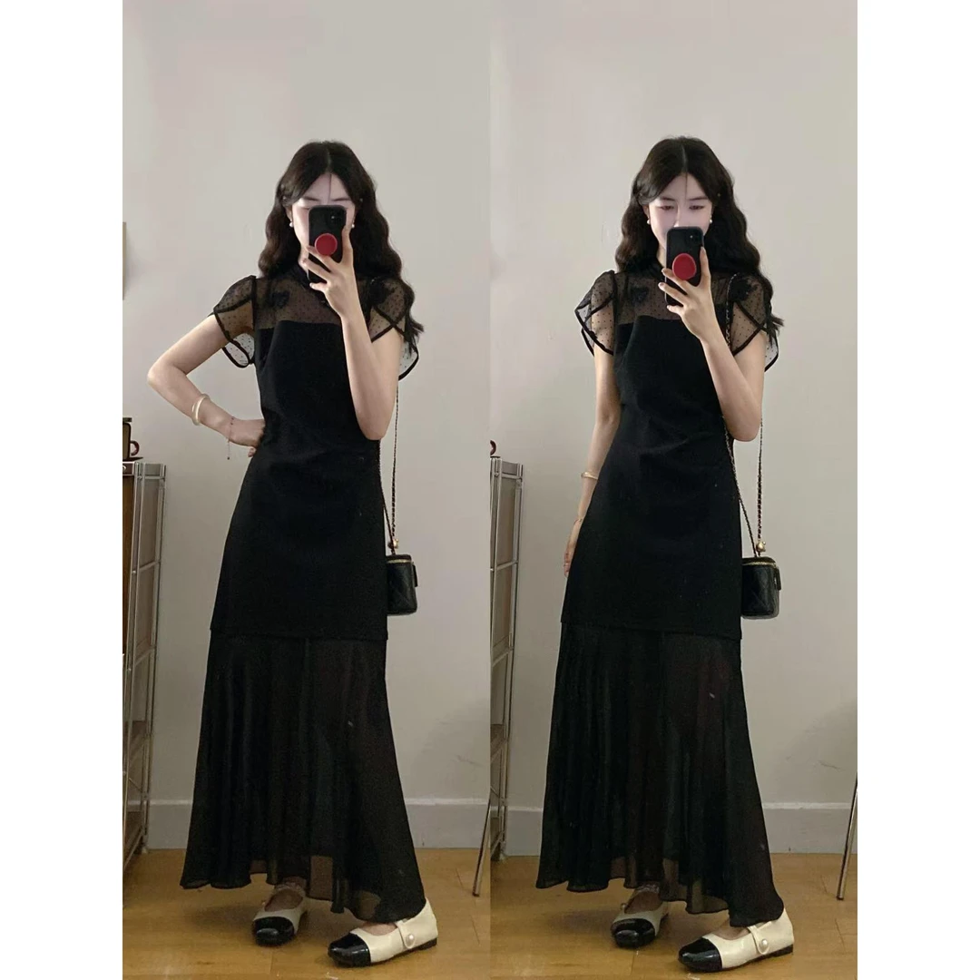 大码新中式连衣裙女夏新款网纱拼接立领国风小黑裙中长款