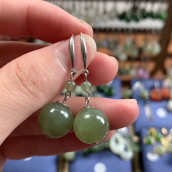 和田玉银S925镶嵌耳饰12左右天然和田玉